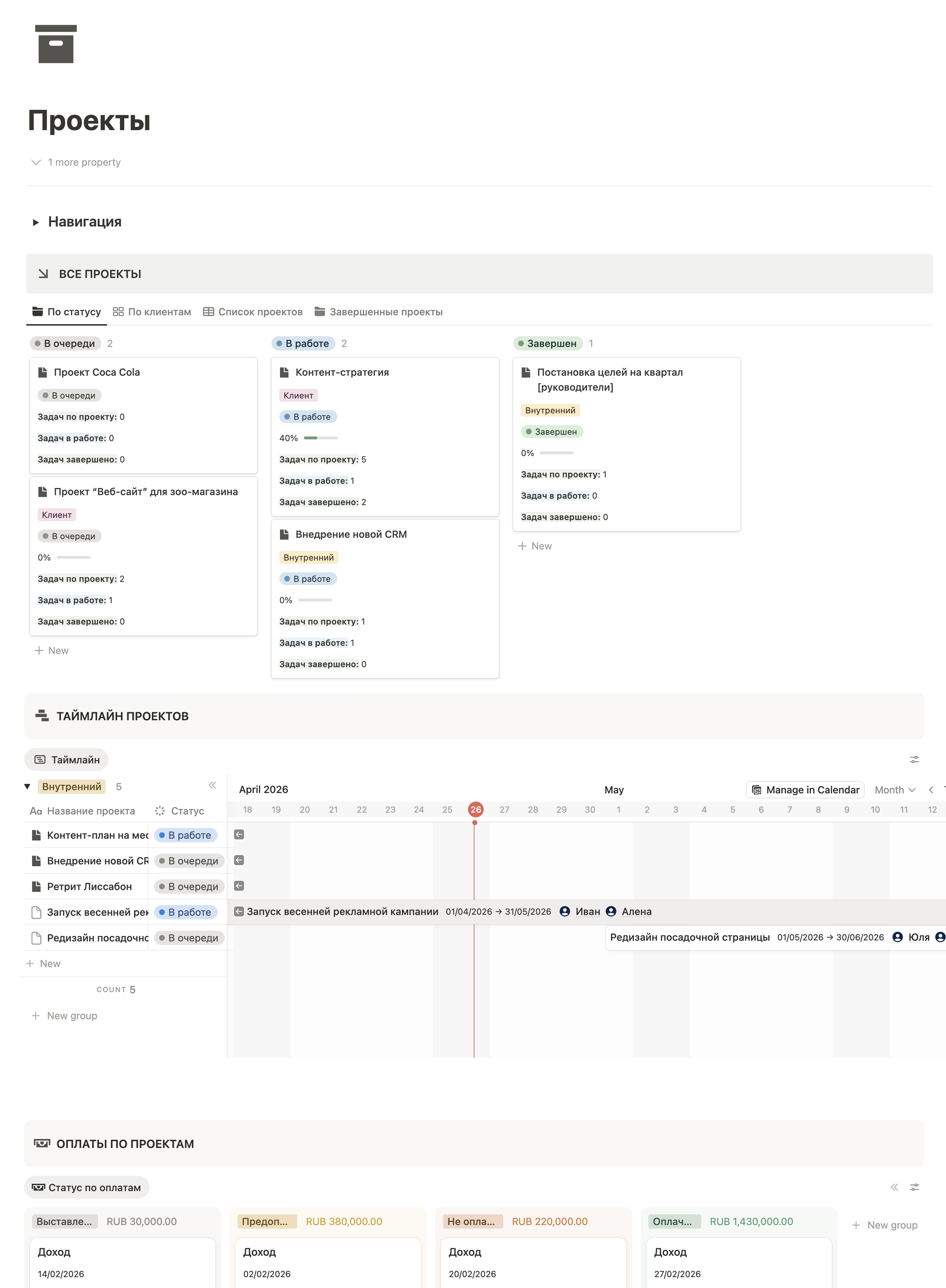 Дашборд проектов в Notion